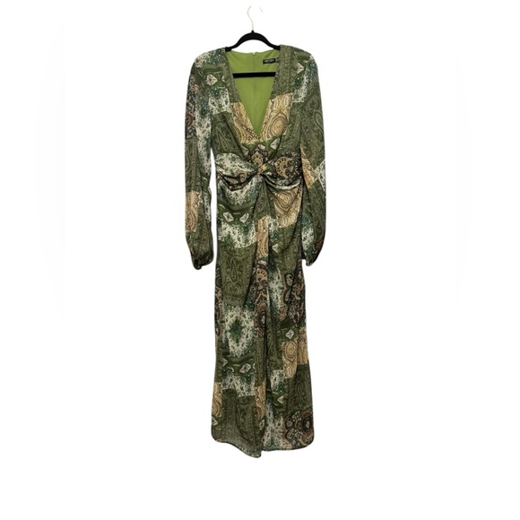 Green Paisley Patchwork Maxi Dress – Long Sleeve, Twist Front - Picture 3 of 8